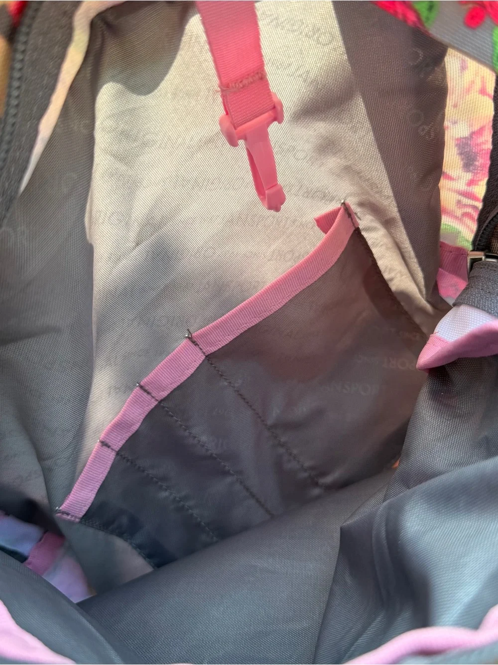 JanSport City View Floral Backpack Gray Pink Roses Faux Leather Bottom Bag